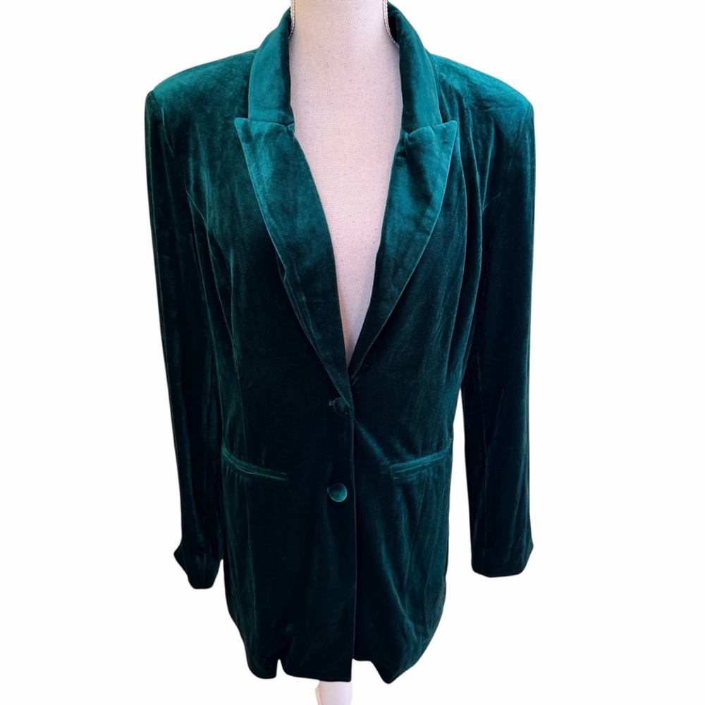 BiBi Emerald Green Shiny Velvet Peak Lapel Oversized Long Blazer L
